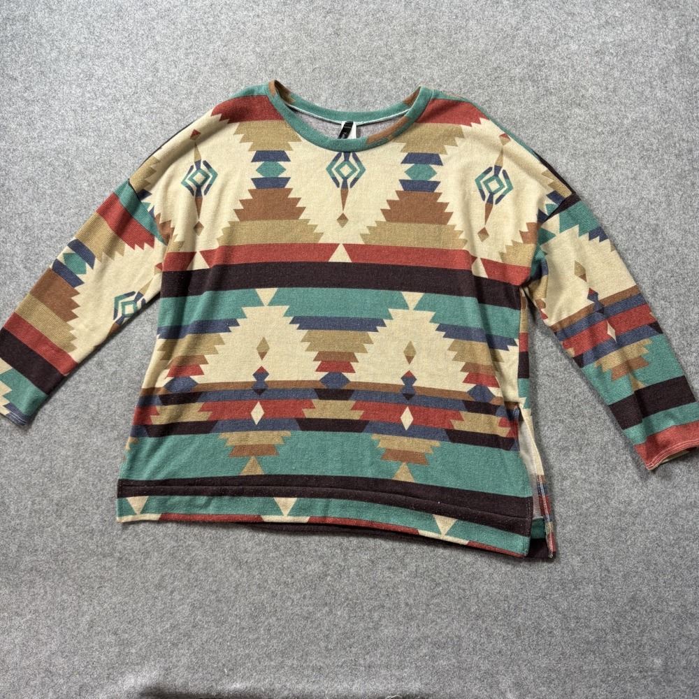 Yahada Womens T8225-1X Top 1XL Multi Color Southwestern Geometric Knit Slit Hem